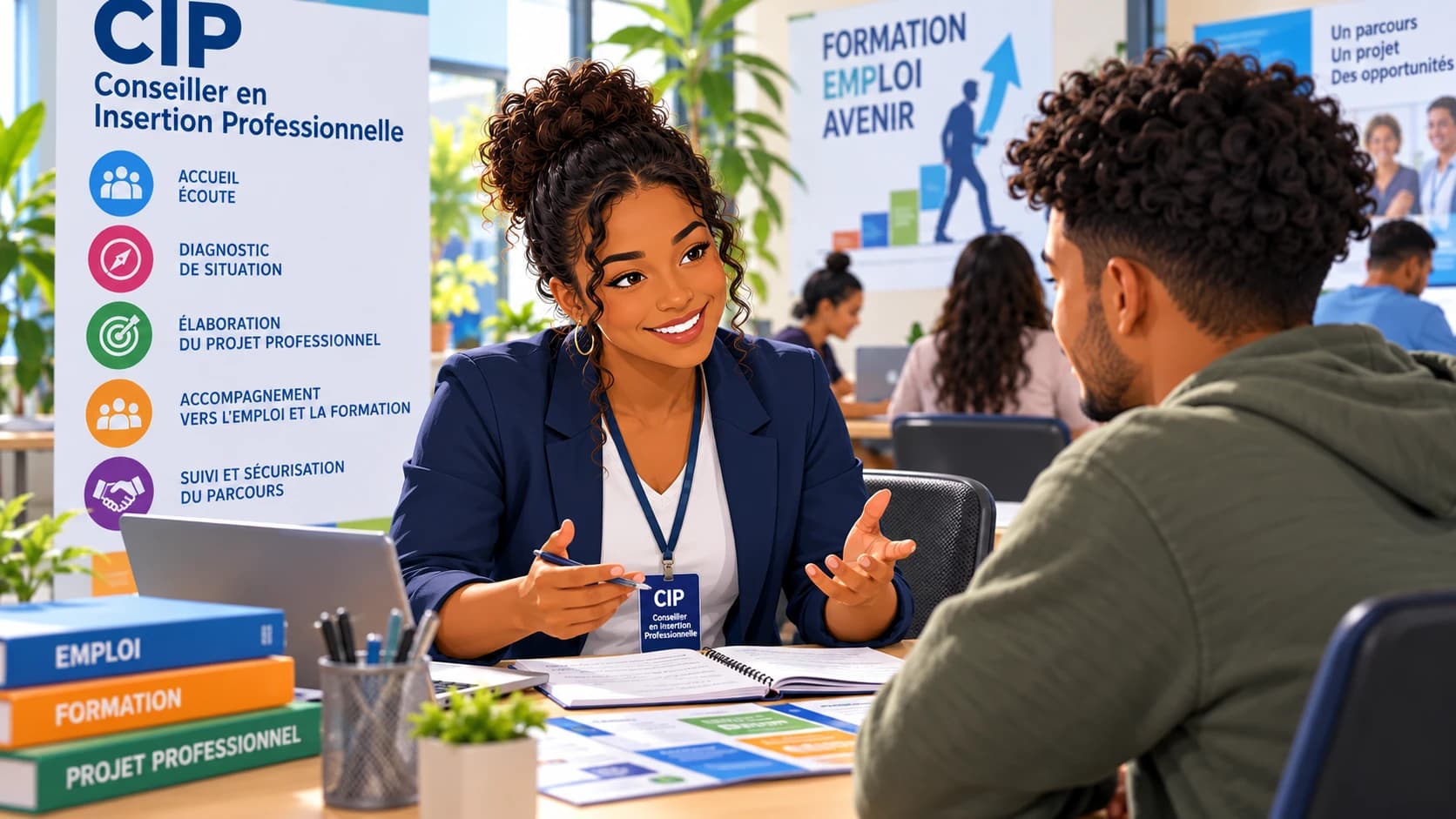 Illustration d’une conseillère en insertion professionnelle accompagnant un bénéficiaire