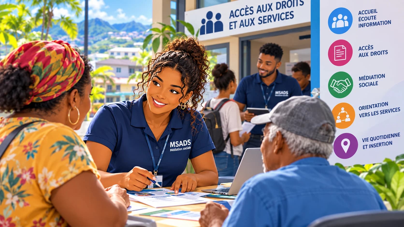 Illustration de médiateurs sociaux accompagnant des habitants dans l’accès aux droits et aux services